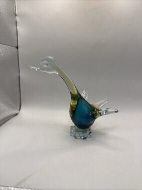 Vintage Hand Blown Art Glass Duck Goose Figurine Blue Amber Clear 6” MCM *